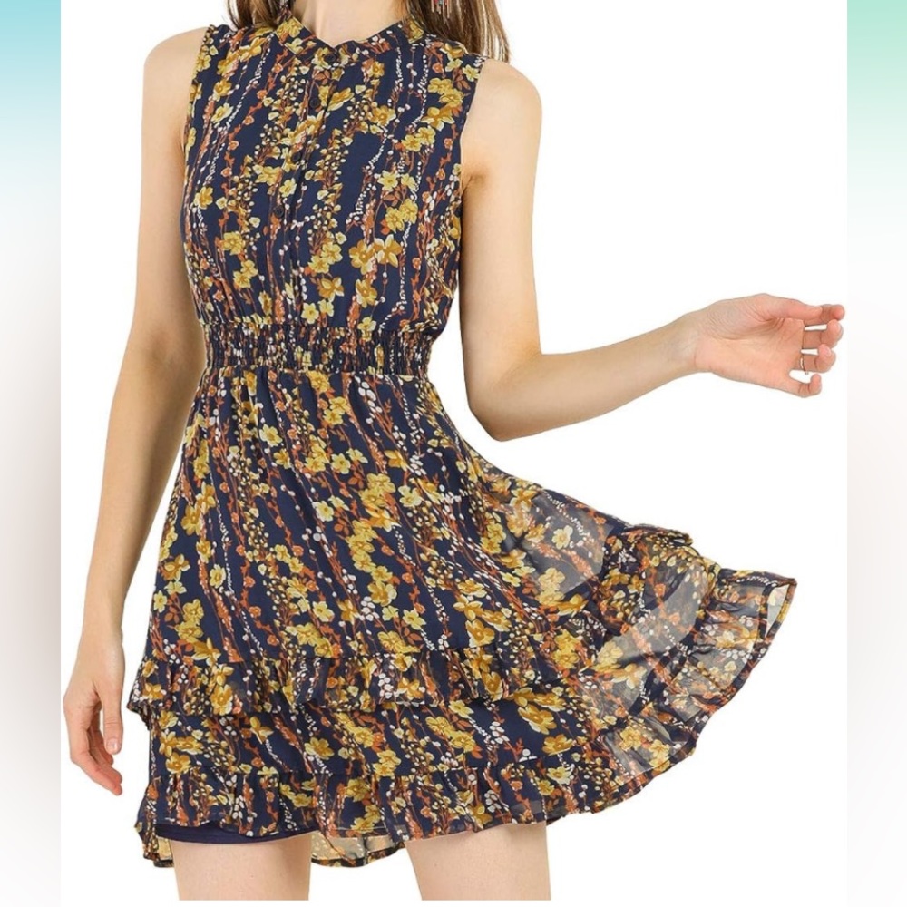 Allegra K Women's Floral A-line Smocked Waist Tiered Ruffled Chiffon Mini Dress